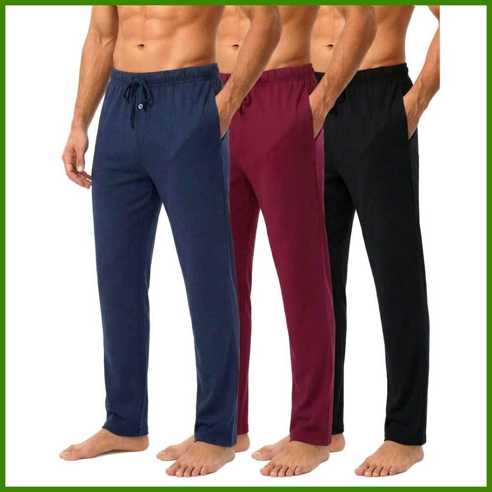Men's Cotton Pajama Pants 3 Pack, Elastic Waist with Pockets, Big & Tall